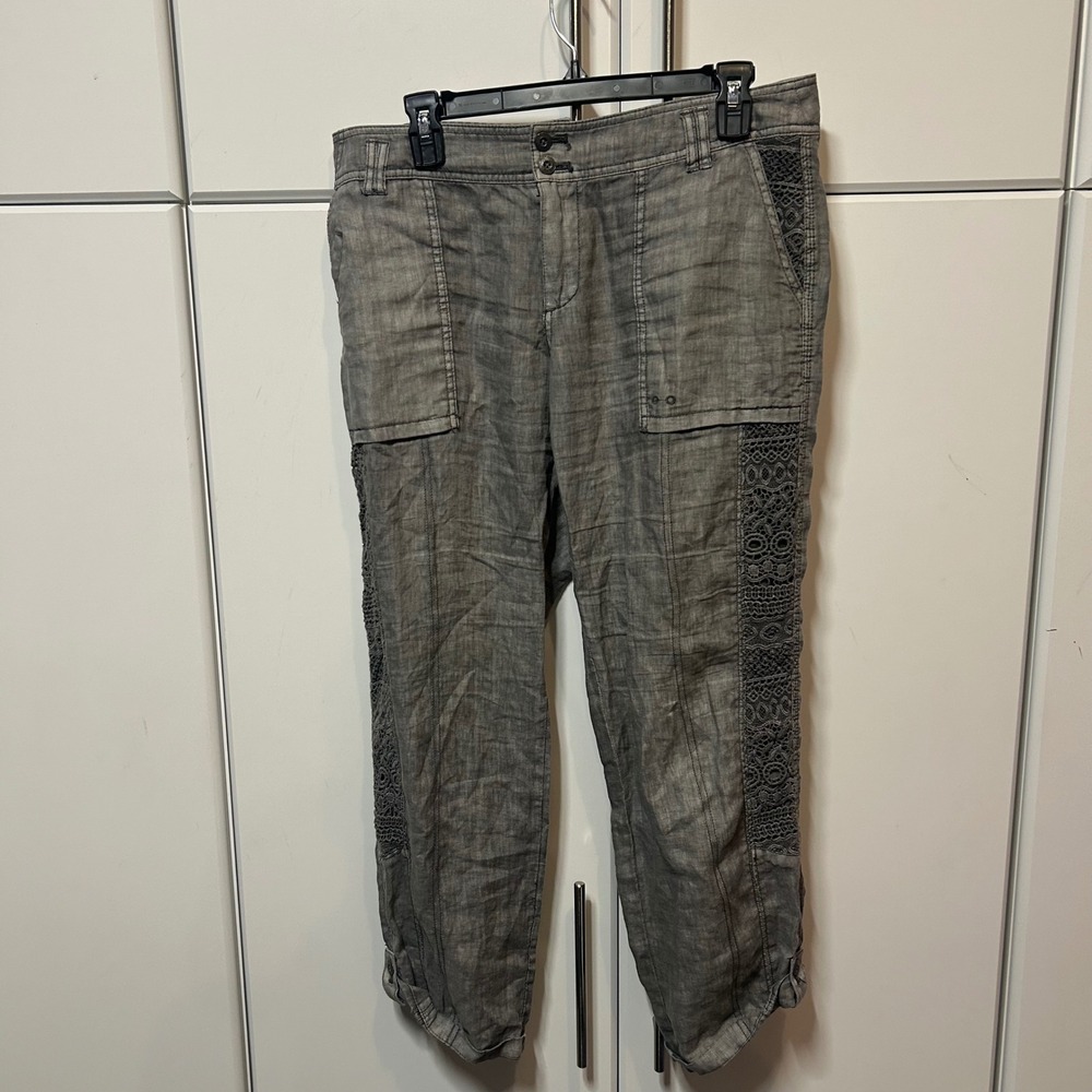 Hei Hei Anthropologie Gray Linen Crochet Lace Trim Crop Utility Pants Size 28